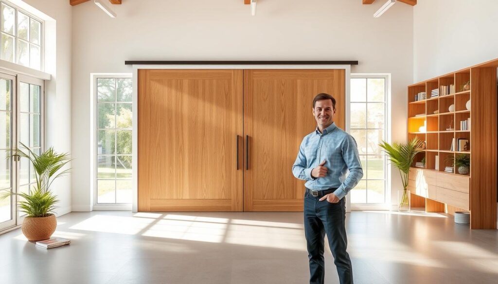 A bright, airy studio setting with a large sliding wooden door taking center stage. The door's smooth, natural grain and clean white frame exude a sense of modern sophistication. Sunlight streams in through large windows, casting a warm glow across the space. In the foreground, a knowledgeable sales consultant stands, ready to guide the viewer through the features and benefits of this high-quality sliding door solution. The overall atmosphere conveys a feeling of expertise, attention to detail, and a commitment to helping the customer find the perfect fit for their living space.