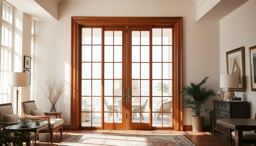 A bright and airy interior space, with a large, elegant glass-paneled door in the center. The door's frame is made of richly-grained wood, complementing the warm, natural tones of the room. Soft, diffused light filters through the glass, casting a serene, inviting atmosphere. The door's design features a simple, minimalist aesthetic, allowing the beauty of the glass to take center stage. The room is filled with tasteful furnishings and decor, creating a harmonious and refined ambiance. A sense of sophistication and refined style pervades the scene, reflecting the high-quality craftsmanship of the custom glass door.