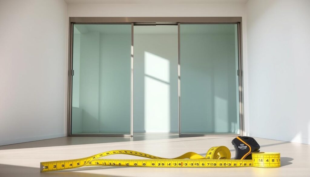 A bright, minimalist interior space with large, floor-to-ceiling glass panels and a sliding glass door. The door frame is made of sleek, brushed aluminum, and the glass panels are clean and free of any visible seams or hardware. The room is bathed in natural light, casting long shadows and creating a sense of spaciousness and openness. In the foreground, a tape measure and other measurement tools are prominently displayed, highlighting the customizable nature of the sliding door system. The overall mood is one of modern, high-quality design and precision engineering, perfectly suited to illustrate the "Größen, Maßanfertigung und Einbau" section of the article.