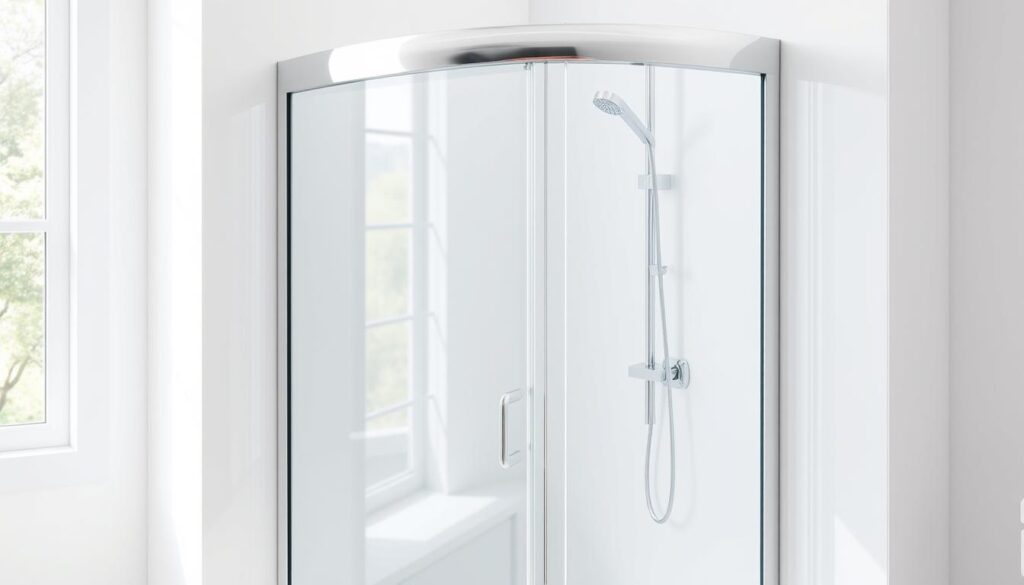 A bright, modern corner shower enclosure with a sleek, minimalist design. The frameless glass panels seamlessly transition from the walls, creating a spacious, open feel. The smooth, sliding door glides effortlessly, providing easy access. Natural light floods the scene, accentuating the clean lines and glossy surfaces. The chrome hardware and fixtures add a touch of sophistication. The overall atmosphere is one of calm, sophistication, and functionality - a high-quality, tailored solution for a luxurious bathroom.