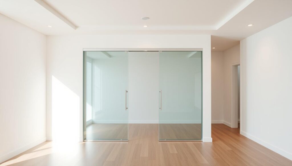 A bright, modern interior with a sleek glass sliding door at the center. The door is made of tempered, frameless glass that seamlessly blends into the surrounding walls, creating an illusion of increased space and an airy, open atmosphere. Soft, indirect lighting from recessed ceiling fixtures gently illuminates the scene, casting a warm glow and highlighting the transparency of the glass. The door glides effortlessly on concealed tracks, allowing for smooth and effortless transitions between rooms. The minimalist design and neutral color palette exude elegance and sophistication, perfectly complementing the functional purpose of the sliding door.