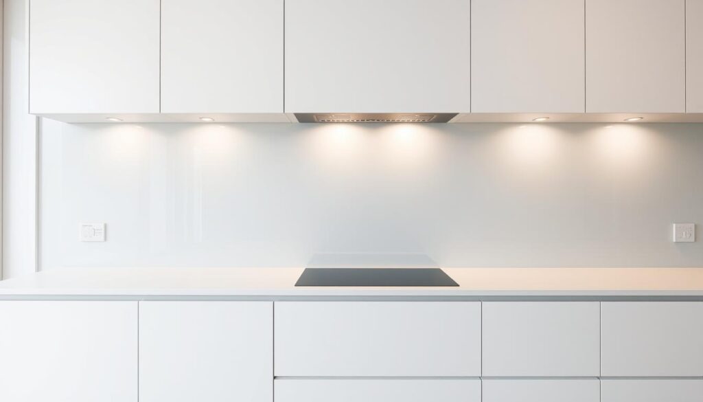 A bright, modern kitchen featuring a sleek glass backsplash that spans the entire wall. The glass is tinted a soft, neutral gray, reflecting the warm, indirect lighting from above. The backsplash has a seamless, minimalist design, creating a clean, uncluttered look that accentuates the kitchen's minimalist aesthetic. The glass surface is smooth and glossy, creating a reflective, almost mirror-like effect that enhances the sense of depth and spaciousness in the room. The backsplash extends from the countertop to the upper cabinets, creating a cohesive, integrated design that effortlessly ties the entire kitchen together.