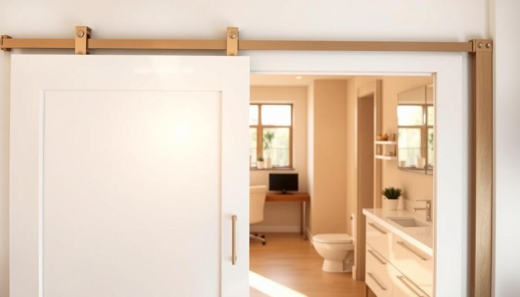 A bright, modern kitchen with a sleek white sliding door smoothly gliding along its track. The door frames a picturesque view of a home office, showcasing its versatility. Warm natural light filters through, casting a cozy glow. The door's clean lines and minimalist design seamlessly blend into the bathroom's neutral tiles and fixtures. Precisely engineered hinges and rollers ensure effortless operation. Subtle metallic accents complement the overall minimalist aesthetic. The scene conveys a sense of tranquility and efficiency, highlighting the many practical applications of this adaptable sliding door solution.