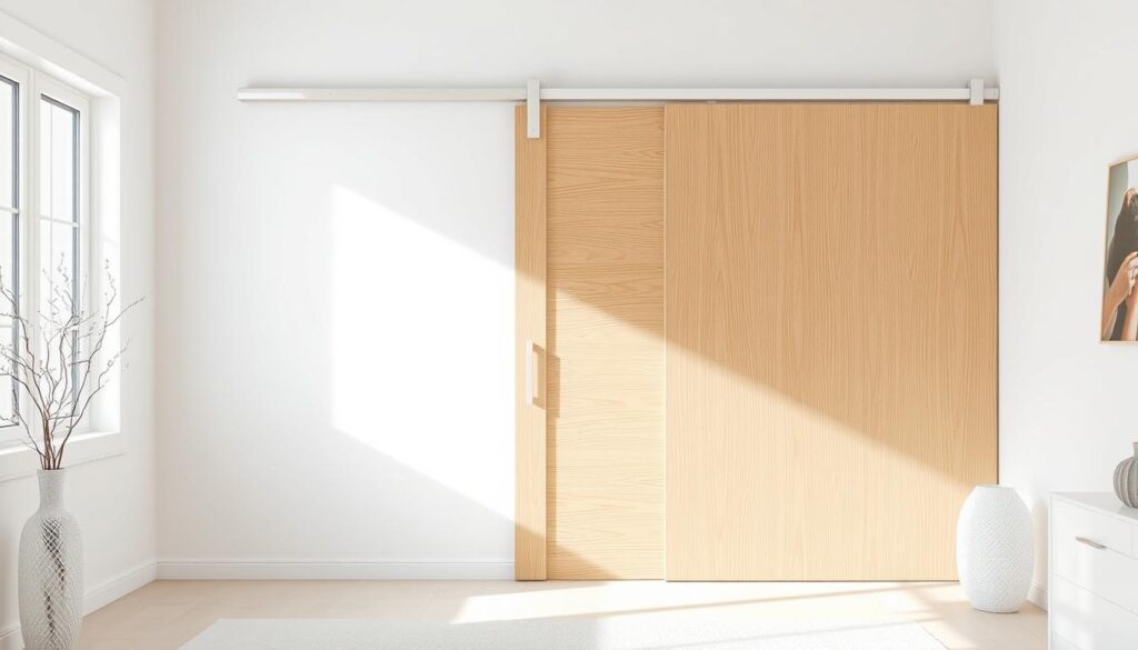 A bright, well-lit interior scene showcasing a modern white wooden sliding door in a minimalist, Scandinavian-inspired room. The door is seamlessly integrated into the wall, creating a clean, unobtrusive look. The room is filled with natural light, accentuating the warm, textured wood grain and the sleek, minimalist design of the door. The sliding mechanism is smooth and effortless, allowing the door to glide open and closed with ease. The overall atmosphere is serene, calming, and perfectly suited for a contemporary living space or bedroom.