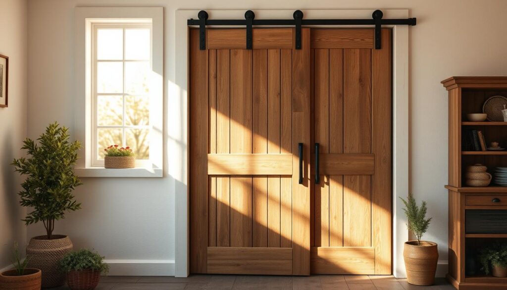 A charming and rustic sliding door in the classic farmhouse style, crafted from weathered wood planks and complemented by sleek metal hardware. The door is set against a backdrop of whitewashed walls, evoking the serene and cozy ambiance of a country cottage. Warm, natural lighting filters through the windows, casting a soft, golden glow across the scene. The overall composition exudes a sense of timeless elegance and understated sophistication, perfectly suited to accentuate the pastoral allure of the "schiebetür landhausstil" design.