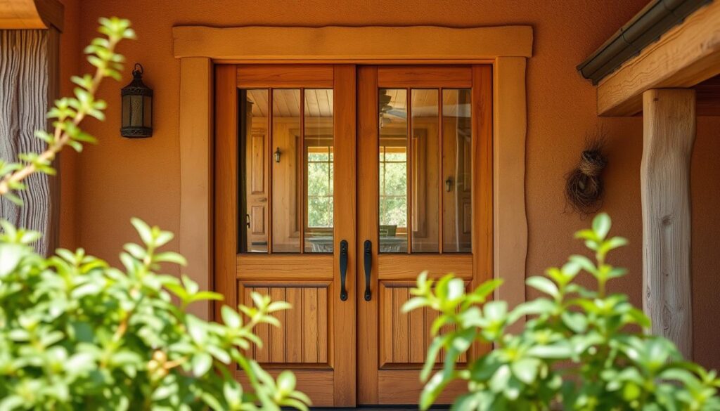 A charming country-style sliding door set against a warm, rustic backdrop. The door features elegant wooden panels with subtle distressed detailing, blending seamlessly with the earthy tones and natural textures of the surrounding environment. Sunlight filters through the glass panes, casting a soft, inviting glow and accentuating the door's elegant design. The scene evokes a sense of timeless farmhouse elegance, where form and function harmoniously coexist. Lush greenery and weathered wooden accents in the foreground and background complement the door's classic aesthetic, creating a cohesive and visually appealing composition.