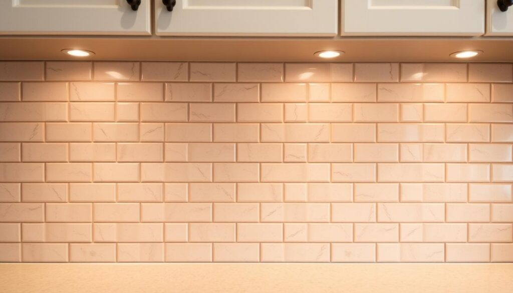 A classic ceramic tile backsplash in a well-lit kitchen, showcasing an array of rectangular tiles in a neutral color palette, perhaps beige or gray. The tiles are precisely arranged in a grid pattern, creating a clean and uniform visual aesthetic. The backsplash extends from the countertop to the upper cabinets, providing a practical and durable surface for food preparation and cleanup. Warm, diffused lighting from overhead fixtures casts a soft glow, accentuating the subtle textures and grout lines of the tiles. The overall scene conveys a timeless, traditional kitchen design, with the tile backsplash serving as a reliable and long-lasting solution for this essential kitchen feature.