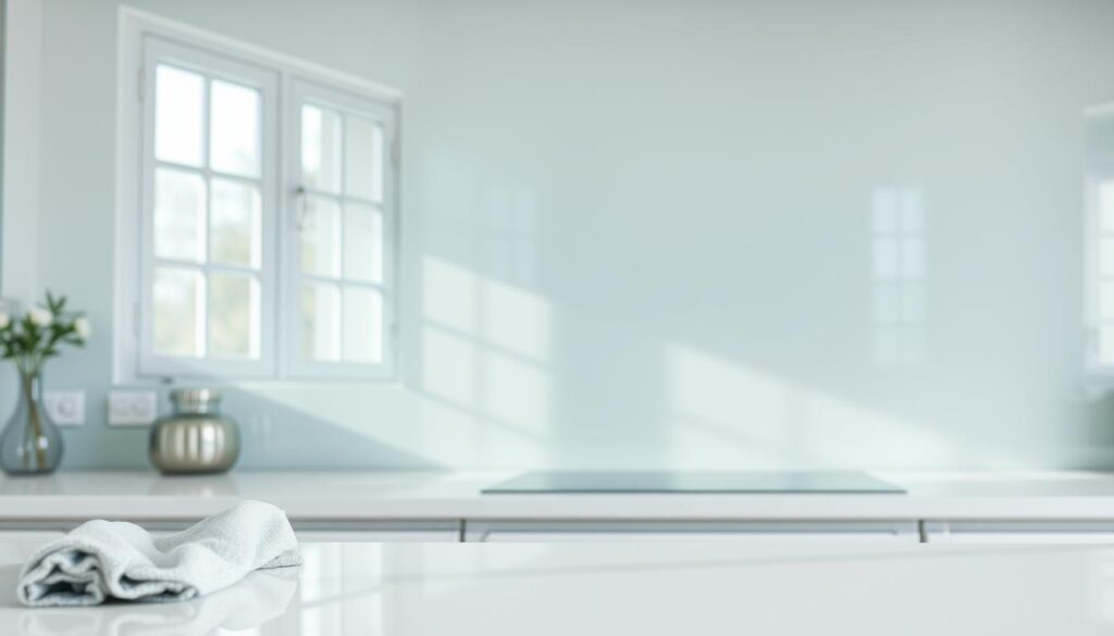 A clean, modern glass kitchen splashback with a smooth, seamless surface and minimal grout lines. The splashback is freshly cleaned, with a spotless, streak-free appearance that reflects the bright, natural lighting from large windows. The glass has a subtle, elegant sheen, creating a high-end, hygienic look that is easy to maintain. In the foreground, a damp, lint-free cloth is visible, suggesting the effortless cleaning process. The middle ground showcases the splashback's flush, integrated design, blending seamlessly with the surrounding kitchen surfaces. The background features a minimalist, contemporary kitchen interior, emphasizing the splashback's role as a sleek, functional focal point.