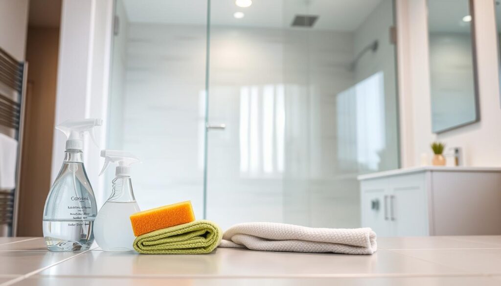 A clean, well-lit bathroom interior with a modern glass shower enclosure. The foreground features a selection of cleaning products and tools, including a spray bottle, sponge, and microfiber cloth, all arranged neatly on a tiled surface. The middle ground showcases the shower enclosure, its glass panels sparkling and free of any visible dirt or grime. The background depicts a serene, minimalist bathroom setting, with neutral-toned tiles and a simple vanity. Soft, diffused lighting creates a calming atmosphere, highlighting the pristine nature of the space and the care taken in maintaining the glass surfaces.