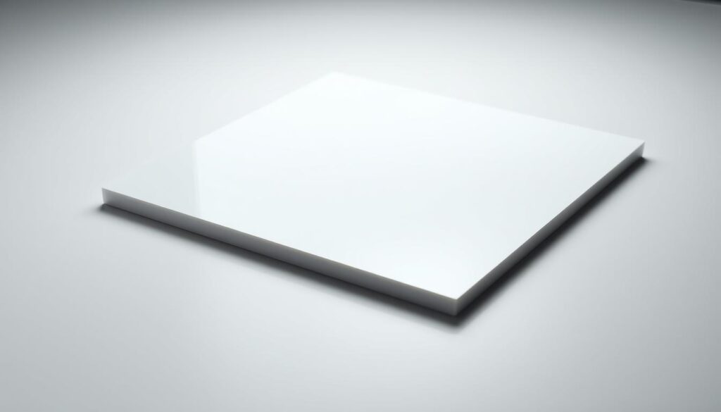 A clean, well-lit studio scene capturing a precisely cut acrylic or composite countertop panel. The panel lies flat on a smooth, reflective surface, casting a subtle shadow beneath. Carefully beveled edges and a flawless, uniform finish suggest expert craftsmanship. Muted, neutral tones allow the material's quality to shine. Soft, diffused lighting from above accentuates the panel's dimensional details and smooth texture. The composition emphasizes the panel's perfect fit and seamless integration, conveying a sense of elegance and attention to detail.