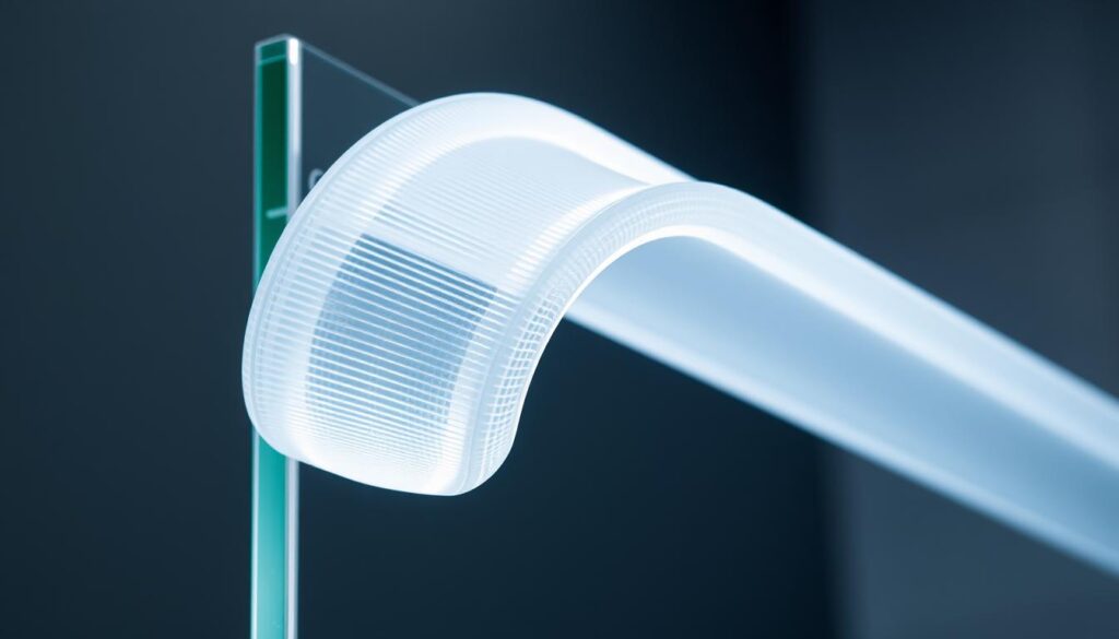 A close-up shot of a durable, flexible rubber or silicone duschkabinendichtung, showcasing its intricate grooved texture and translucent, water-resistant properties. The dichtung is mounted on a frameless glass shower enclosure, capturing the seamless integration and attention to detail in high-quality bathroom design. Soft, diffused lighting illuminates the dichtung, highlighting its sleek profile and emphasizing its role in creating a watertight seal. The image conveys a sense of modern, minimalist elegance, with a focus on the functional yet aesthetically pleasing nature of this essential bathroom component.