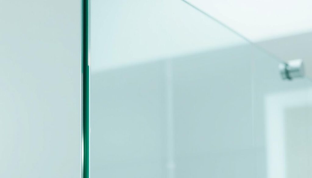 A close-up shot of a large glass panel, its surface reflecting the surrounding environment. The glass is thick and sturdy, with a slight green tint, indicating it is made of 6mm ESG (Einscheiben-Sicherheitsglas) safety glass. The panel is frameless, seamlessly blending into its surroundings, showcasing its clean, minimalist design. Soft, diffused lighting illuminates the glass, highlighting its transparency and depth. The scene conveys a sense of high-quality, durable, and modern materials, suitable for a custom-made glass shower enclosure or partition.