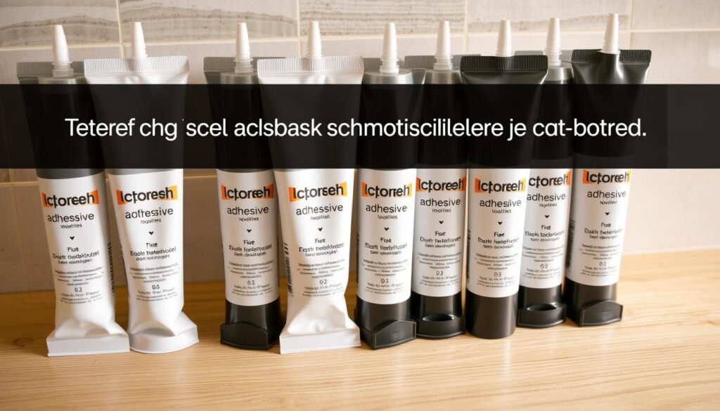 A close-up shot of a variety of adhesive tubes for kitchen backsplash installation, neatly arranged on a light wooden surface. The tubes display clear labels indicating their specific material compatibility, such as "for glass" or "for tiles". The lighting is soft and diffused, creating a warm, inviting atmosphere that suggests professionalism and attention to detail. The image conveys a sense of organization and expertise, perfectly aligning with the topic of "Der richtige Montagekleber je nach Material" for the article on custom kitchen backsplash solutions.