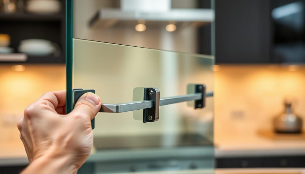 A close-up view of a glass splashback being installed in a modern kitchen, the glass panel held in place by specialized clamps without the need for drilling. The splashback reflects the warm, inviting lighting of the kitchen, creating a seamless and elegant design. The glass surface appears smooth and clean, with a subtle sheen that highlights its high-quality craftsmanship. The installation process is straightforward, with the clamps securely gripping the glass panel, allowing for a quick and effortless setup. The kitchen backdrop is blurred, emphasizing the focus on the simple yet effective glass splashback installation.