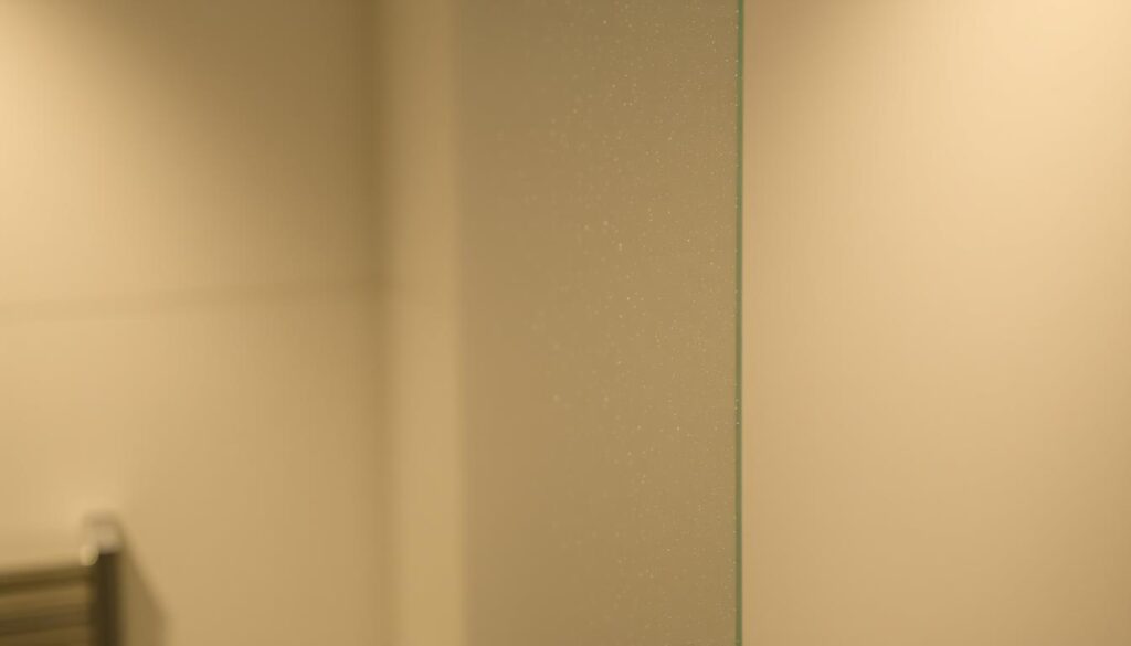 A close-up view of a glass surface with a lustrous, reflective coating. The coating appears smooth and evenly applied, with a slight sheen that catches the light. The background is blurred, putting the focus entirely on the detailed texture and subtle shimmer of the coated glass. Crisp, high-resolution details reveal the intricate molecular structure of the protective layer, suggesting its durability and ease of maintenance. A warm, natural lighting illuminates the subject, emphasizing the clarity and cleanability of the specialized glass treatment. The overall impression is one of quality, refinement, and a premium bathroom experience.
