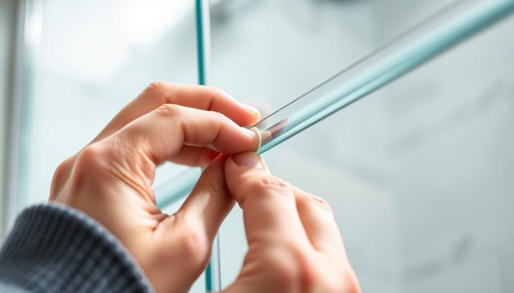 A close-up view of a hand carefully attaching a silicone shower door seal to the edge of a glass shower panel. The scene is well-lit, with soft directional lighting that highlights the textures and materials. The focus is sharp on the connection point, revealing the intricate process of aligning and pressing the seal into place. The background is softly blurred, emphasizing the task at hand. The overall mood is one of precision and attention to detail, reflecting the importance of a proper shower door installation for a watertight seal.