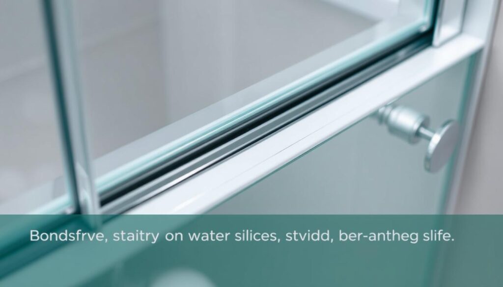 A close-up view of a high-quality, custom-fit shower door seal, showcasing its sleek, streamlined design. The seal is made of a durable, flexible silicone material, seamlessly integrated into the shower door frame. Subtle lighting illuminates the transparency of the seal, highlighting its ability to create a tight, water-resistant barrier. The seal's surface reflects the clean, minimalist aesthetic of a modern bathroom, complementing the glass panels and chrome hardware. The scene conveys a sense of precision, functionality, and attention to detail, perfectly suited for a buyer's guide on finding the right shower door seal from Glastürhop24.