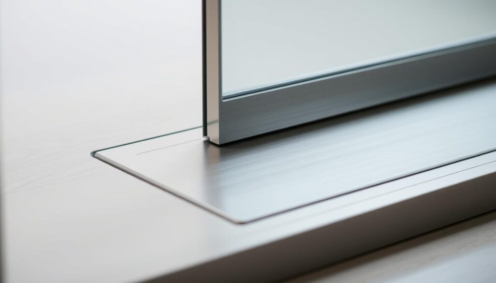A close-up view of a sleek, minimalist floor guide for a sliding door system. The guide is made of smooth, brushed metal that gleams under soft, diffused lighting. It features a low-profile, recessed design that seamlessly integrates into the floor, creating a clean, unobtrusive aesthetic. The guide's surface is precisely machined, with subtle ridges and contours that guide the door's movement effortlessly. The scene is captured from a slightly elevated angle, showcasing the guide's elegant form and highlighting its technical precision and functionality.