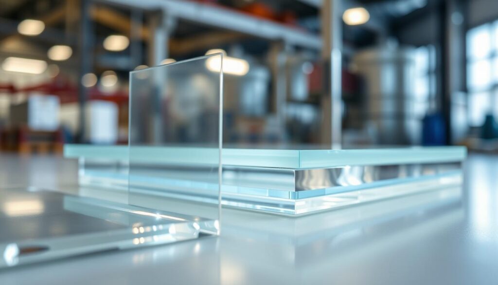 A close-up view of acrylic glass (Acrylglas) sheets, highlighting their key properties. The foreground shows the transparent, shatterproof material up close, with a slight prismatic effect capturing the interplay of light and the material's surface. The middle ground presents the sheets in various thicknesses, showcasing their lightweight and impact-resistant nature. The background features a subtly blurred industrial setting, hinting at the versatility and applications of acrylic glass in construction and design. The overall lighting is soft and diffused, emphasizing the clarity and resilience of the acrylic material. The composition aims to visually convey the technical details and advantages of acrylic glass for the specified article section.