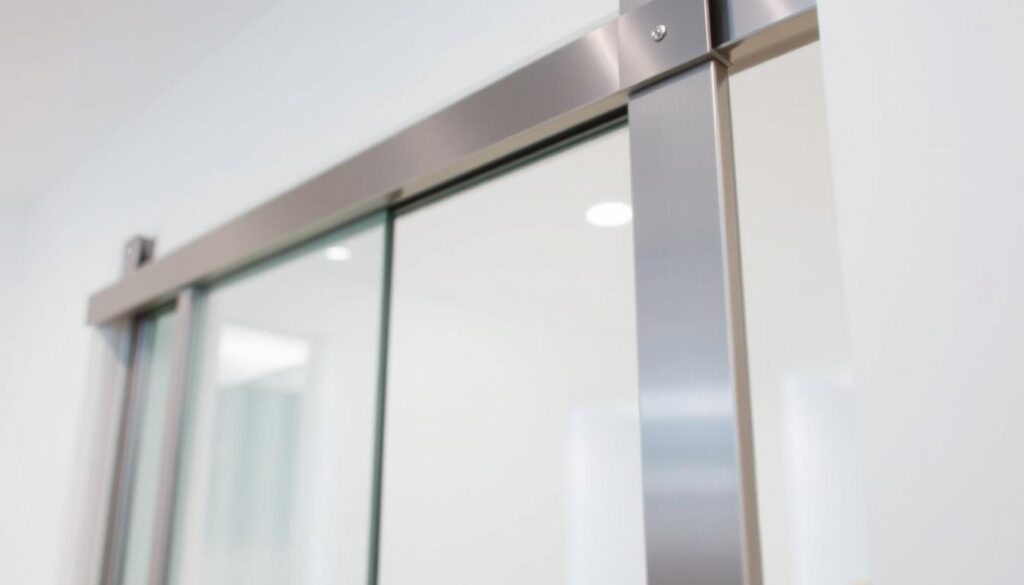 A close-up view of high-quality, durable metal roller tracks for a sliding door system. The tracks are made of sturdy, brushed aluminum with a smooth, polished finish. They are mounted flush against a white wall, creating a sleek, minimalist aesthetic. Soft, diffused lighting from above casts gentle shadows, highlighting the precision engineering and attention to detail. The tracks are positioned in the foreground, drawing the viewer's eye to the technical heart of the sliding door mechanism. In the background, a blurred, out-of-focus glass pane suggests the seamless integration of form and function. An atmosphere of quality, reliability, and modern design pervades the scene.