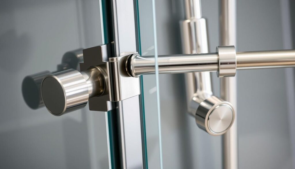 A close-up view of high-quality metal bathroom fixtures, including a chrome-plated shower door hinge, a polished brass towel bar, and a brushed nickel shower head bracket. The hardware is precisely engineered, with smooth surfaces and seamless joints, reflecting the craftsmanship and attention to detail required for a luxurious glass shower enclosure. Soft, directional lighting highlights the metallic finishes, creating a sense of elegance and sophistication. The image conveys the technical expertise and innovative design that goes into creating stable, well-functioning, and beautifully integrated shower door hardware.