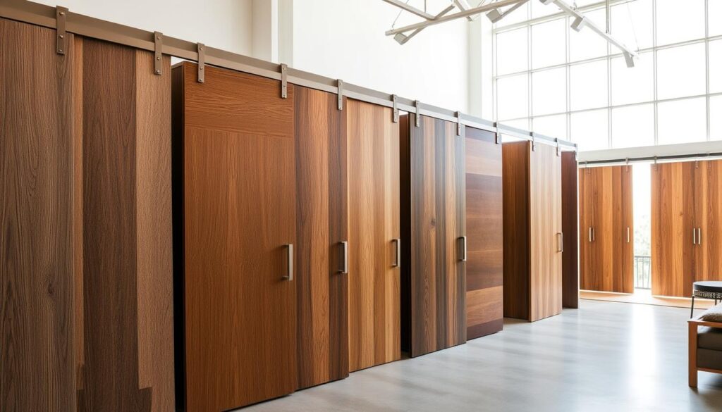 A contemporary design showroom displaying an assortment of sleek, modern sliding door systems in various wood tones and finishes. The foreground features a series of neatly arranged door panels showcasing different grain patterns, textures, and stain colors, inviting the viewer to imagine how they might complement a home's interior. In the middle ground, the doors are framed by minimalist, brushed metal hardware and track systems, demonstrating the seamless integration of form and function. The background depicts a bright, airy studio space with large windows, allowing natural light to cascade over the display, highlighting the depth and richness of the wood materials. An overall sense of sophistication, customization, and attention to detail permeates the scene, reflecting the high-quality, bespoke nature of the sliding door solutions.