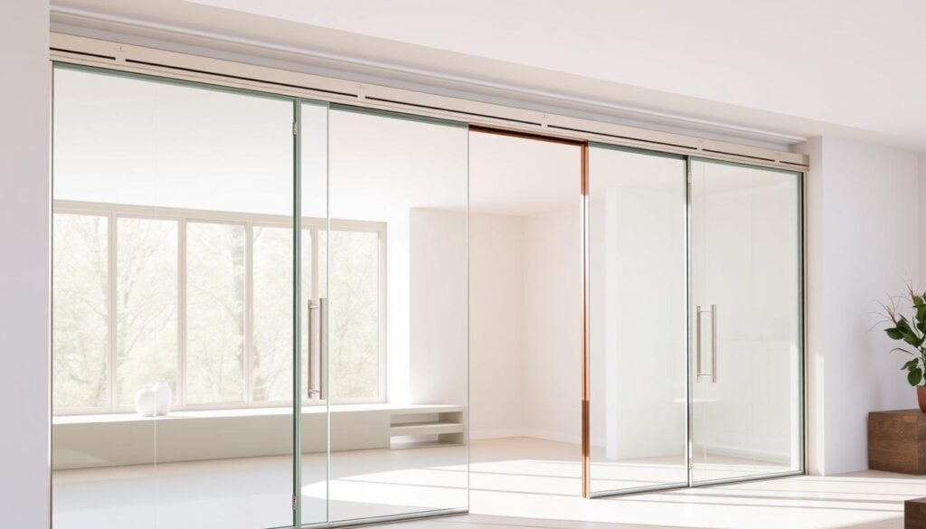 A contemporary glass sliding door system in a well-lit, spacious interior. Sleek, minimalist glass panels glide effortlessly on precision-engineered hardware, highlighting the seamless integration of form and function. Subtle chrome accents complement the transparent panes, creating a harmonious, refined aesthetic. Diffused natural light floods the scene, imbuing the space with a warm, inviting ambiance. The door's intelligent comfort features, such as soft-close mechanisms and ergonomic handles, are discretely integrated, prioritizing user experience. This high-quality, bespoke glass sliding door solution embodies the pinnacle of modern architectural design and living.