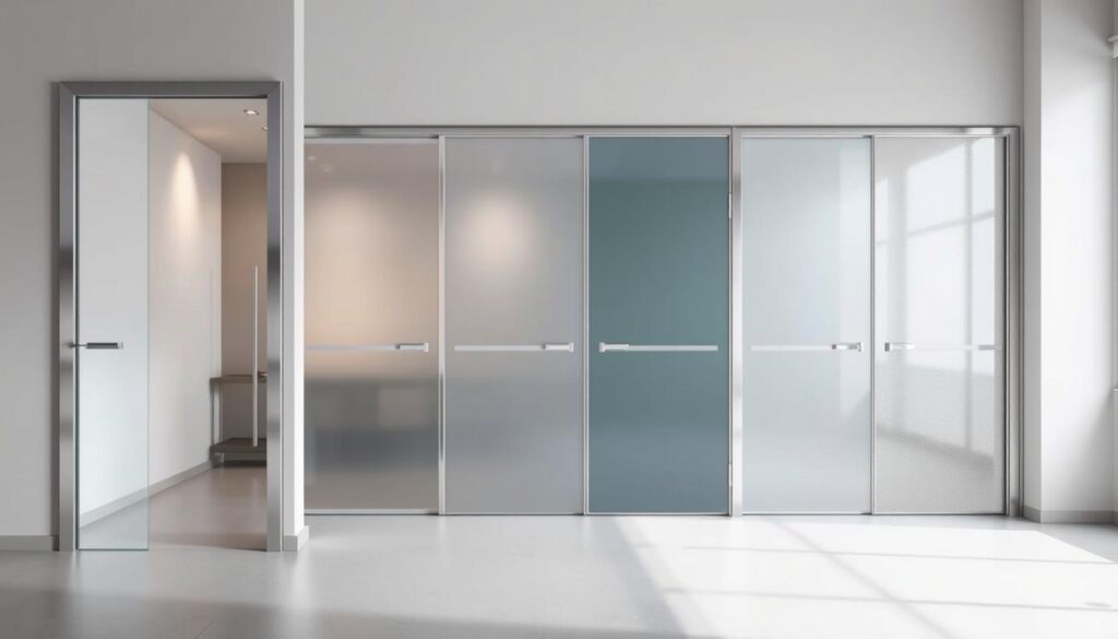 A contemporary glass swing door design, showcasing a variety of elegant styles. In the foreground, a sleek, frameless glass panel with a subtle metallic finish reflects the surrounding light. In the middle ground, a series of different glass panels, including frosted, tinted, and patterned variants, demonstrate the design versatility. The background features a minimalist, modern interior setting with neutral tones, allowing the glass door to take center stage. Soft, directional lighting accentuates the transparency and depth of the glass, creating a sense of depth and sophistication. The overall composition highlights the beauty and flexibility of glass as a material for interior swing doors, perfectly suited for the "Design- und Glasvarianten für Ihre Pendeltür" section.