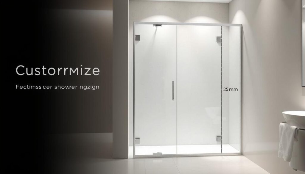 A contemporary, minimalist bathroom interior with a sleek, frameless glass walk-in shower enclosure. The shower dimensions are prominently displayed, showcasing the customizable size options. The enclosure features clean lines, with a seamless glass panel and a discreet metal frame. Soft, indirect lighting illuminates the space, creating a spa-like ambiance. The tiled floor and walls provide a neutral, sophisticated backdrop, allowing the shower's size and design to take center stage. The image conveys a sense of luxurious simplicity, highlighting the versatility and precision of the custom shower solution.