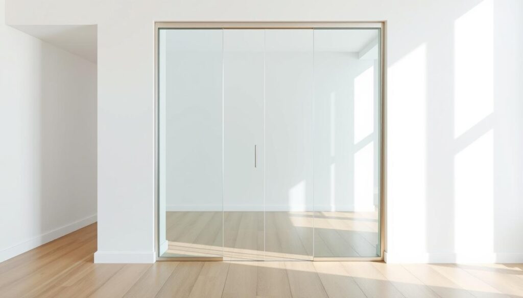 A contemporary, minimalist glass door with clean lines and a seamless, frameless design. The door is made of high-quality, crystal-clear tempered glass that appears to float effortlessly, allowing natural light to flood the space. The glass is set in a sleek, polished metal frame, creating a striking visual contrast. The door is positioned in a bright, airy room with white walls and wooden floors, allowing the glass to take center stage. Soft, indirect lighting casts a subtle glow, highlighting the door's transparency and emphasizing its elegant simplicity. The overall scene conveys a sense of modern, understated sophistication.