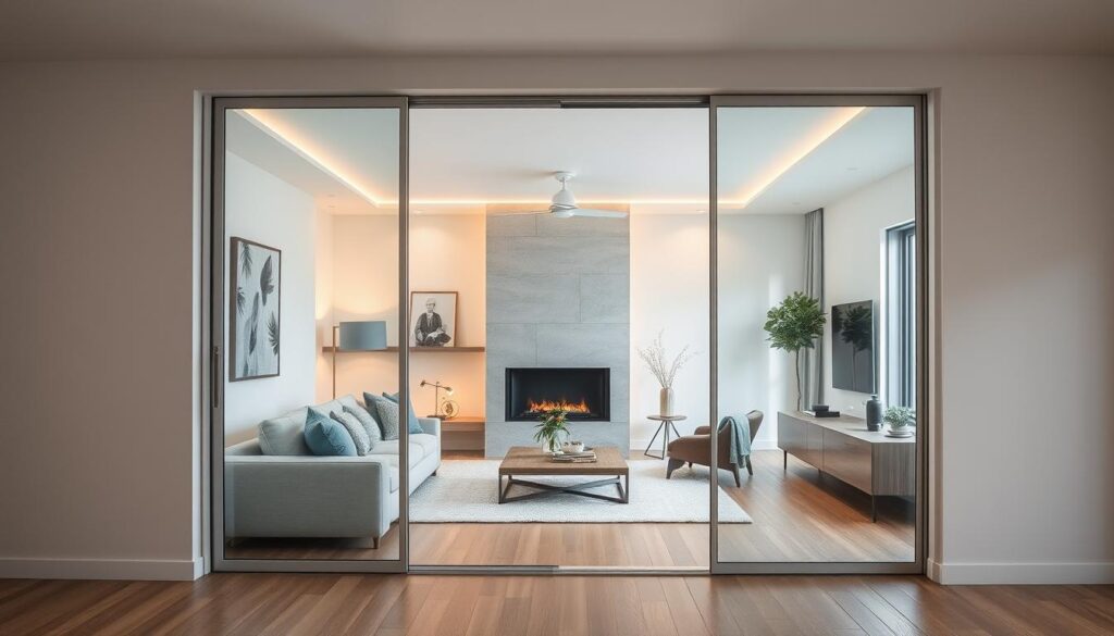 A contemporary, minimalist sliding door system framing an inviting living space. The sleek, tempered glass panels glide effortlessly on a concealed track, maximizing the sense of openness and flow. Warm, soft lighting casts a gentle glow, accentuating the room's muted color palette of whites, grays, and natural wood tones. Plush furnishings and subtle textures create a cozy, welcoming ambiance. The sliding door's streamlined design and seamless integration with the decor exude a refined, elegant aesthetic that elevates the modern, space-saving functionality.