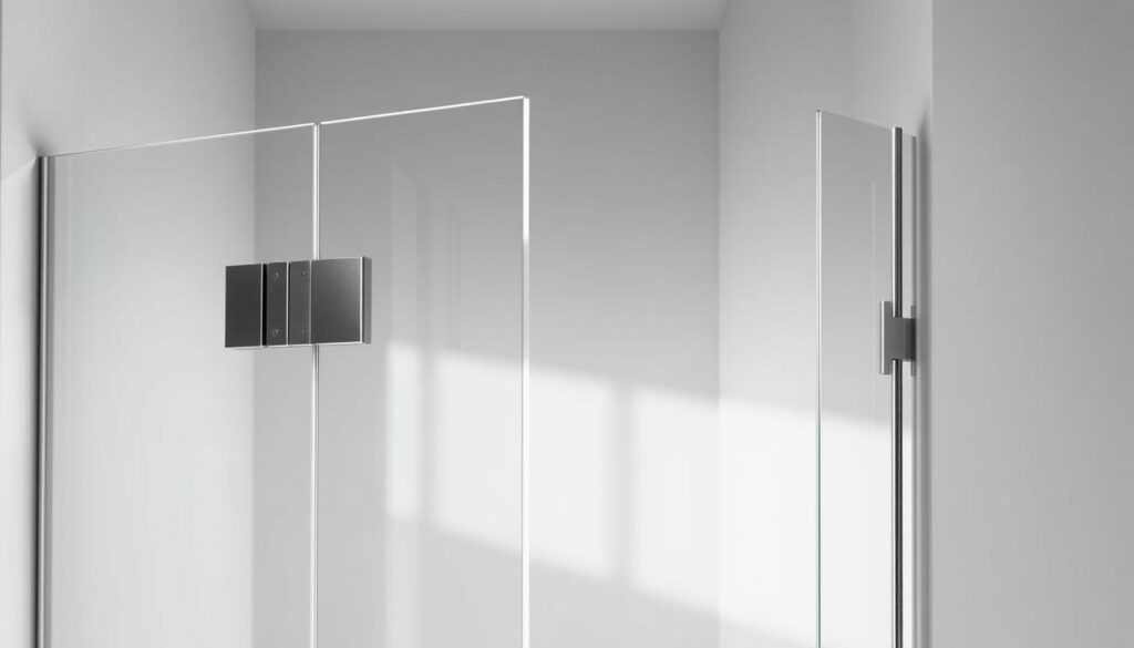 A contemporary, premium-quality glass shower door with a sleek, frameless pendeltür design. Showcasing elegant brushed metal hardware, the door effortlessly glides on concealed hinges, exuding a sense of precision engineering. The tempered glass panels reflect an abundance of natural light, creating a bright, airy ambiance. Meticulously crafted details, such as minimalist handles and discreet magnetic closures, elevate the overall visual appeal. Captured in a high-contrast, studio-style setting, the image highlights the door's clean lines, sophisticated materials, and premium-level construction - a true testament to the pinnacle of shower door design and technology.