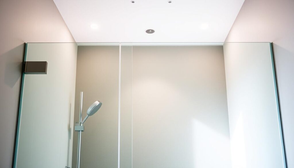 A contemporary shower enclosure with a sleek, frameless glass panel backdrop. The tempered glass panel, or "sicherheitsglas rückwände," is crystal clear, seamlessly blending with the surrounding environment. The panel is securely mounted, creating a minimalist, high-end aesthetic that complements the freestanding shower design. Soft, diffused lighting emanates from above, casting a warm glow and highlighting the transparency of the glass. The scene conveys a sense of modern luxury, where function and form coexist in perfect harmony to elevate the overall bathroom experience.