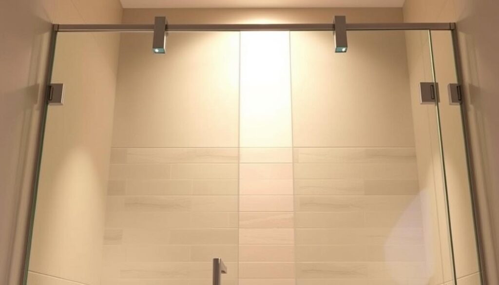 A contemporary, well-lit bathroom setting, featuring a frameless, floor-to-ceiling glass shower enclosure. The sleek, minimalist design showcases the glass panels' seamless integration, creating an impression of openness and spaciousness. Soft, indirect lighting casts a warm, inviting glow, highlighting the clarity and transparency of the glass. The shower door's handles and fittings are made of high-quality, polished chrome, complementing the overall sophisticated aesthetic. The background showcases a tiled wall in a neutral, soothing color palette, allowing the glass shower to take center stage as the focal point of the room.