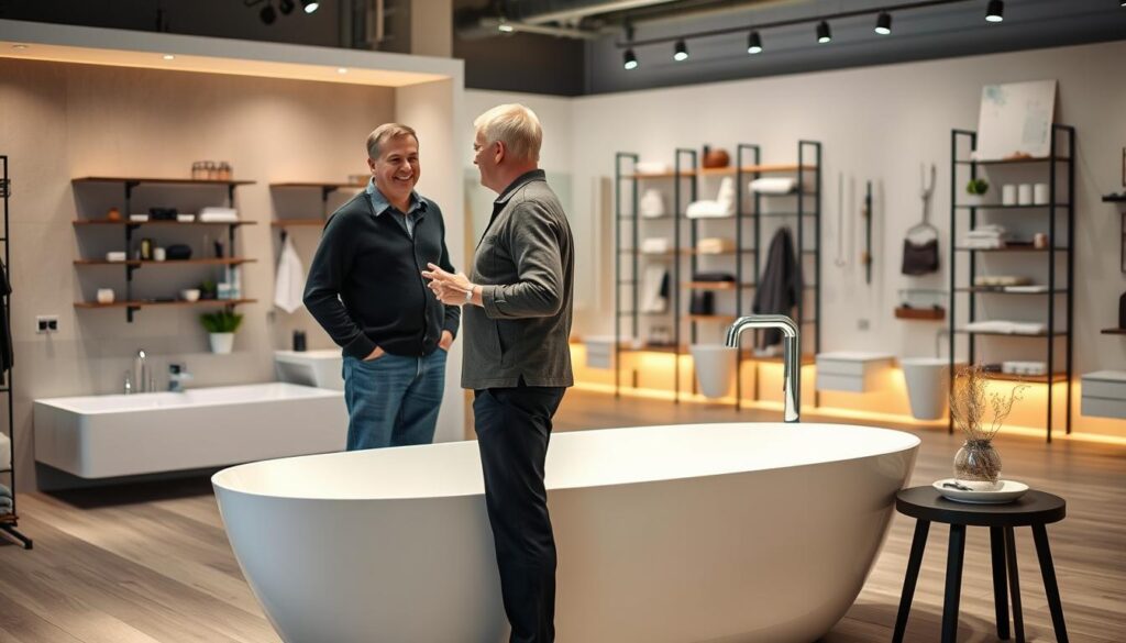 A cozy and inviting consultation service area at a modern bathroom showroom. In the foreground, a middle-aged customer is engaged in a friendly discussion with a knowledgeable sales representative, both standing next to a pristine, freestanding bathtub. The showroom's elegant, minimalist decor creates a serene atmosphere, with warm lighting gently illuminating the space. The background features a neatly organized display of various bathroom fixtures and accessories, showcasing the company's extensive product range. The overall scene conveys a sense of professionalism, expertise, and personalized customer service, perfectly aligning with the section title "Beratung und Service bei glastuerhop24.de".