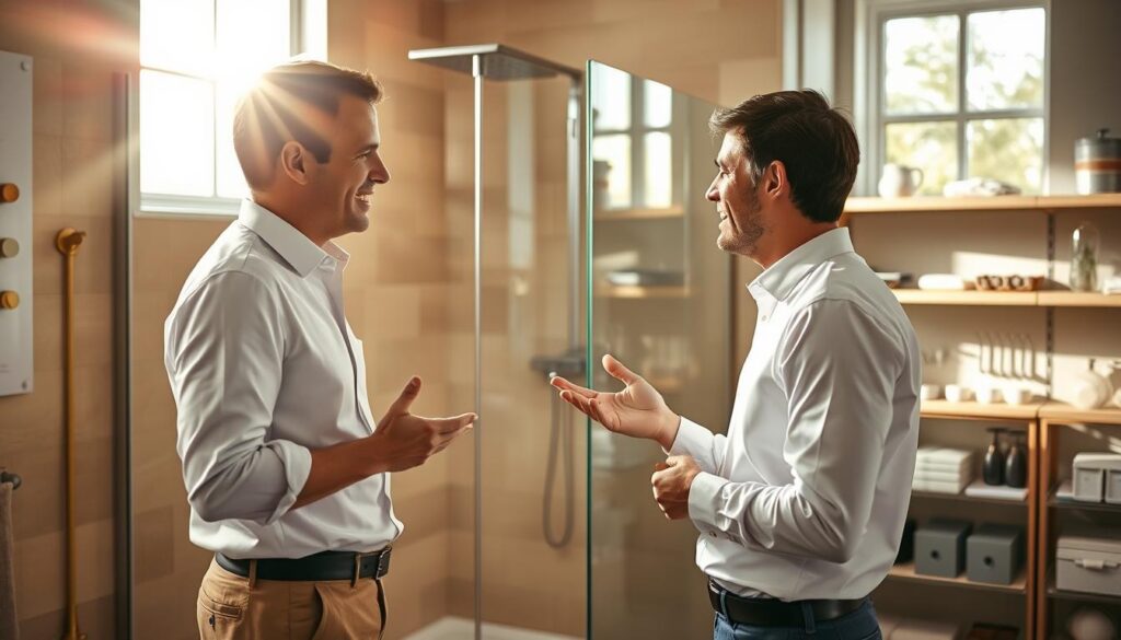 A cozy and inviting interior scene showcasing a modern, beige-tiled walk-in shower enclosure with a tempered glass partition. Sunlight streams in through large windows, casting a warm, natural glow across the space. In the foreground, a friendly consultant in a crisp white shirt gestures while providing personalized advice to a customer, their faces engaged in thoughtful discussion. The background features neatly arranged display shelves showcasing a selection of shower hardware and accessories, suggesting Glastürhop24's custom design capabilities. The overall mood is one of personalized attention, expert guidance, and a high-quality, tailored bathroom solution.