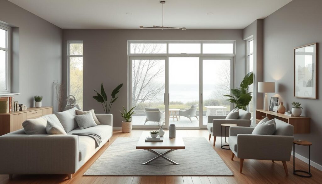 A cozy and inviting living room with a minimalist, Scandinavian-inspired design. The room is flooded with natural light from large, elegant sliding glass doors that seamlessly connect the interior to a picturesque outdoor scene. Soft gray walls provide a serene backdrop, complemented by warm-toned wooden floors and a plush, neutral-colored sofa. A sleek, low-profile coffee table and a pair of comfortable armchairs create a cohesive, visually balanced arrangement. Carefully placed potted plants and subtle decorative accents add a touch of organic warmth to the space, while a modern, minimalist lighting fixture casts a gentle glow, evoking a cozy and inviting atmosphere.