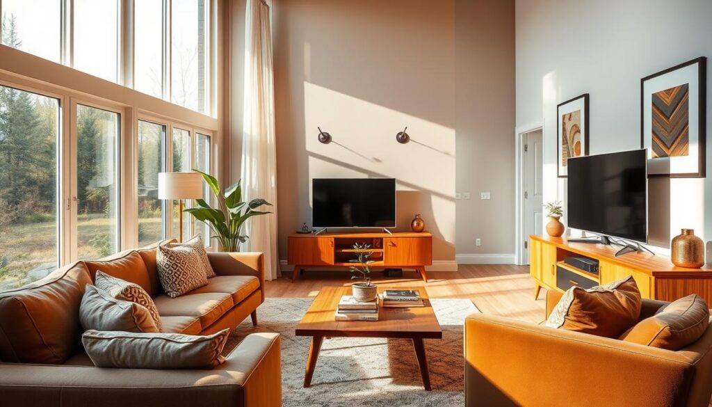 A cozy and inviting living room with warm, natural lighting filtering through large windows. Plush, mid-century modern furniture including a comfortable sofa and armchair in earthy tones. A wooden coffee table adorned with a potted plant and some decorative books. The walls feature framed artwork and a stylish media console with a sleek, minimalist TV. The room exudes a sense of relaxation and sophistication, creating an ideal space for entertaining guests or unwinding after a long day.