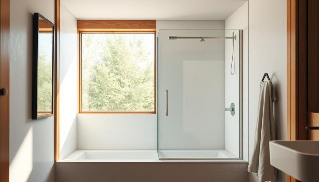A cozy and well-lit bathroom niche with a large window, showcasing a sleek and minimalist glass shower door. The niche is framed by warm wooden accents, creating a harmonious and inviting atmosphere. The soft, natural lighting filters through the window, casting a gentle glow on the clean, modern tiles. The glass shower door seamlessly blends with the niche, giving the impression of an open, spacious layout. The overall design is elegant and practical, perfectly suited for a small bathroom in need of a space-saving, yet visually appealing, shower solution.