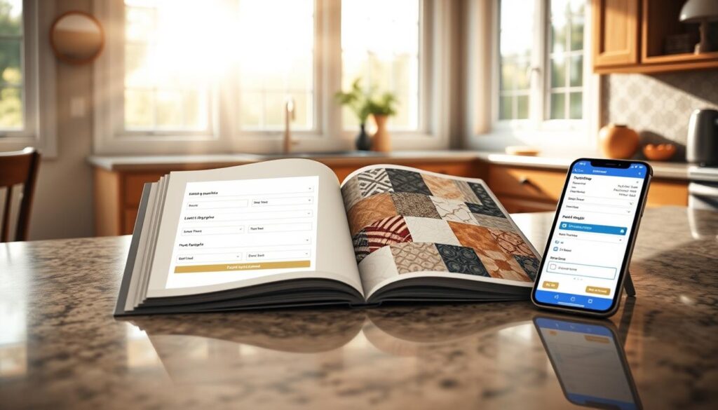 A cozy kitchen countertop, bathed in warm, natural light streaming through large windows. Neatly arranged on the surface, an open catalog showcases various kitchen backsplash patterns, each sample meticulously displayed. Alongside, a smartphone or tablet displays an online order form, with fields for selecting delivery timeframes and requesting physical product samples. The scene exudes a sense of effortless organization and thoughtful consideration, inviting the viewer to envision the perfect customized solution for their own kitchen.