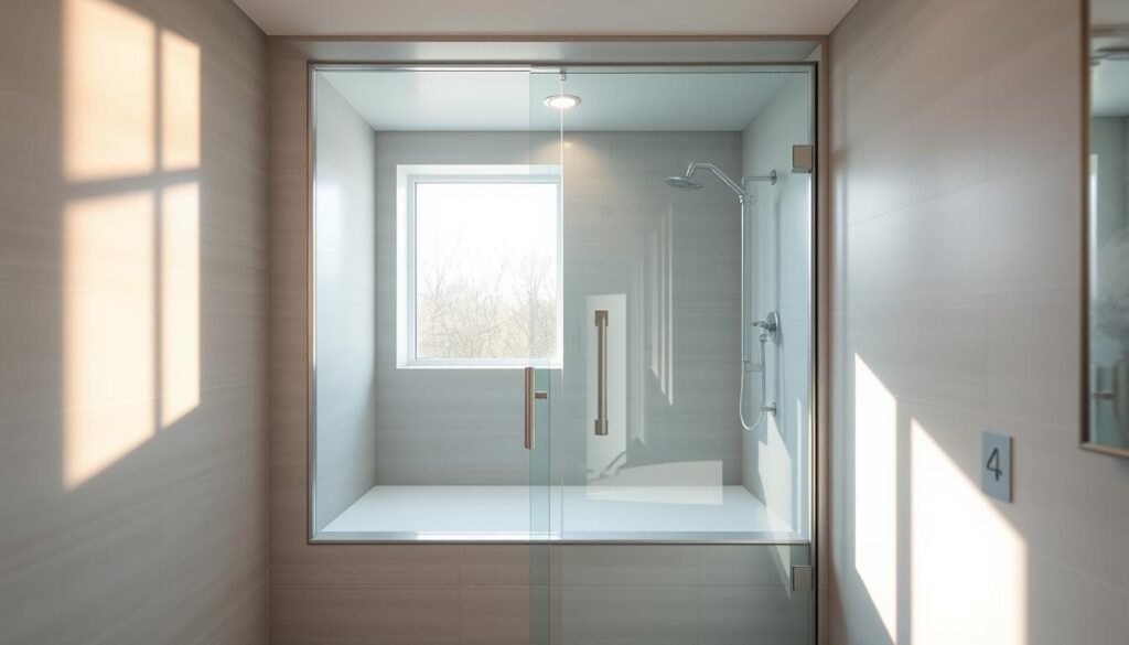 A cozy, sun-drenched bathroom niche, its elegant glass enclosure reflecting the warm natural light. The niche's sleek, minimalist design seamlessly blends with the room's modern aesthetic, creating a spacious and inviting atmosphere. Smooth, subtly textured tiles line the walls, complementing the glossy, frameless glass door that opens onto a luxurious shower area. Carefully placed recessed lighting casts a soft, ambient glow, enhancing the sense of depth and highlighting the niche's clean, sophisticated lines. This versatile, custom-tailored niche transforms the bathroom into a functional yet visually stunning sanctuary, optimizing the available space and elevating the overall design.