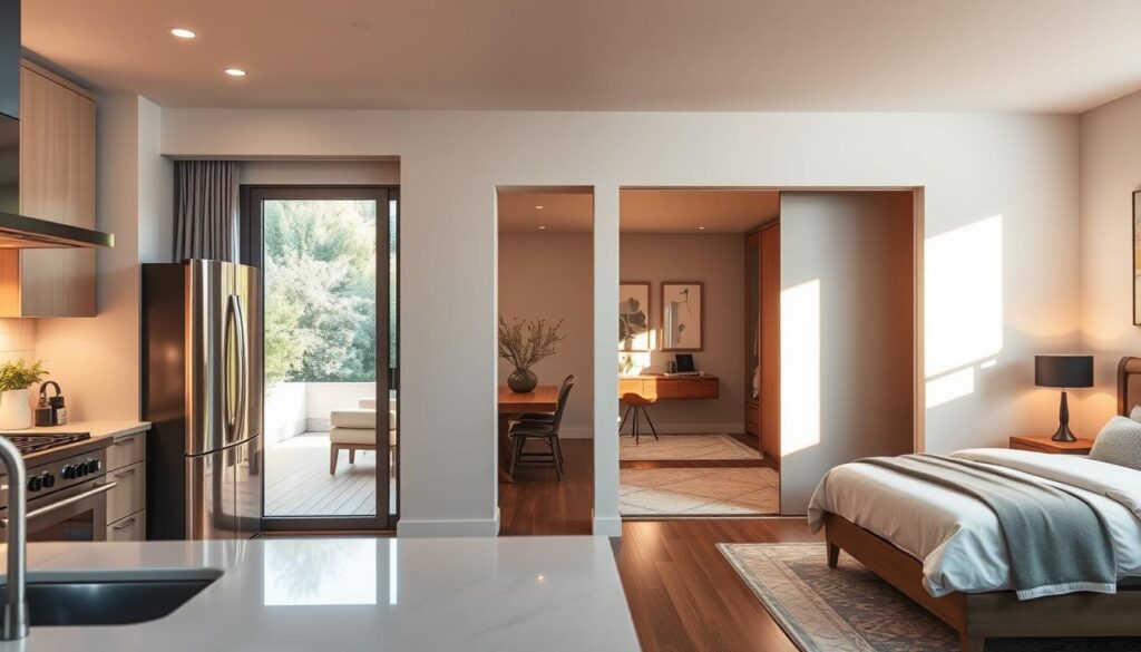 A cozy, well-lit home interior showcasing the versatility of sliding doors. In the foreground, a stylish kitchen with gleaming stainless steel appliances and a seamless sliding glass door leading to a tranquil outdoor patio. In the middle ground, a minimalist living room with a sliding partition that opens to reveal a serene home office. In the background, a luxurious bedroom featuring a sliding wardrobe door that blends effortlessly with the decor. The scene is bathed in warm, natural lighting, creating a harmonious and inviting atmosphere. The sliding doors are elegant, durable, and maximize the available space, making them the perfect choice for modern living.