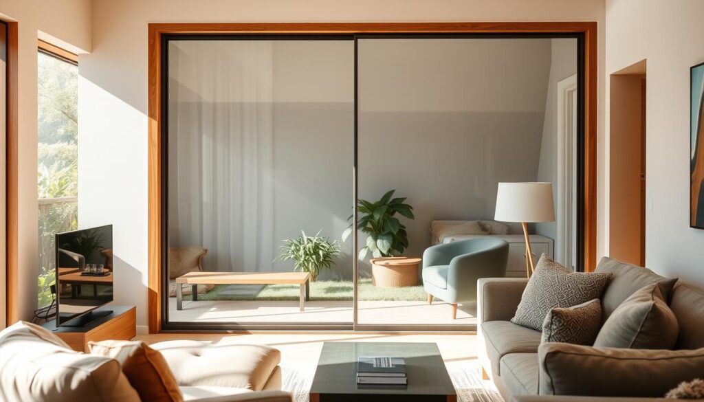 A cozy, well-lit living room with a modern, floor-to-ceiling glass door, allowing natural light to flood the space. The glass panel is framed by sleek, minimalist wood trim, creating a harmonious contrast. The room's decor is a blend of contemporary and rustic elements, with plush seating, warm-toned accents, and a touch of greenery. The glass door's reflection creates a sense of depth, blending the indoor and outdoor spaces. The lighting is soft and diffused, creating a warm, inviting atmosphere. A hint of a lush, green garden can be seen through the glass, adding to the overall serene and welcoming ambiance.