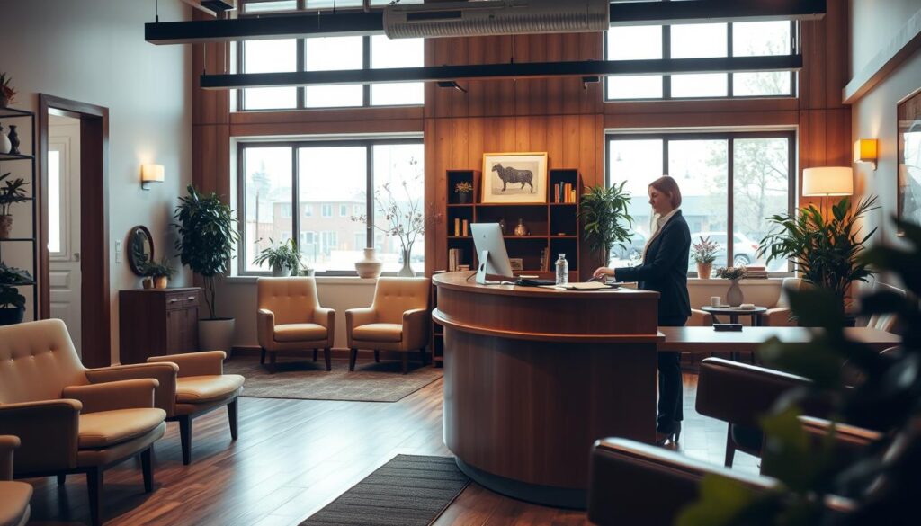 A cozy, well-lit office setting with a warm, inviting atmosphere. In the foreground, a helpful customer service representative stands at a modern, wooden desk, ready to assist a customer. The middle ground features comfortable chairs and a minimalist decor, conveying a sense of professionalism and attention to detail. The background showcases large windows, allowing natural light to flood the space and creating a bright, airy ambiance. The overall scene exudes a sense of expertise, personalized service, and a commitment to customer satisfaction.