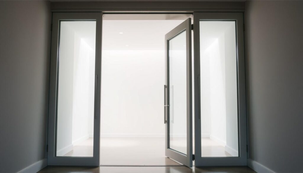 A custom-designed pendulum door with a sleek, modern aesthetic. The foreground features the door's elegant glass panels, meticulously crafted with precision and attention to detail. The middle ground showcases the door's seamless integration into a minimalist, well-lit interior, accentuating its functional purpose. The background subtly hints at the surrounding architecture, creating a sense of place and cohesion. The lighting is soft and diffused, highlighting the door's transparency and lending an inviting, serene atmosphere. The camera angle is slightly elevated, providing a balanced, high-quality perspective that showcases the door's craftsmanship and the space it inhabits.