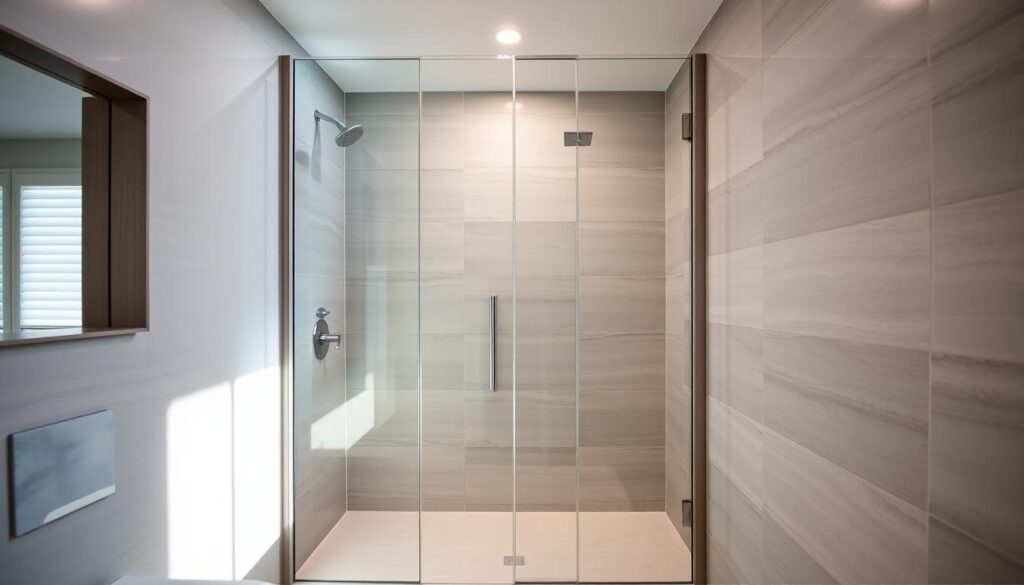 A custom-fit glass shower enclosure stands in a modern bathroom, its sleek lines and transparent panels allowing natural light to flood the space. The frameless design features precisely measured panels that seamlessly integrate with the surrounding tiles, creating a cohesive and visually striking focal point. Soft, diffused lighting casts a warm glow, highlighting the glass's clarity and the room's minimalist elegance. The camera's perspective showcases the shower's thoughtful integration into the overall bathroom layout, emphasizing the bespoke nature of the installation and the attention to detail that went into its planning and execution.