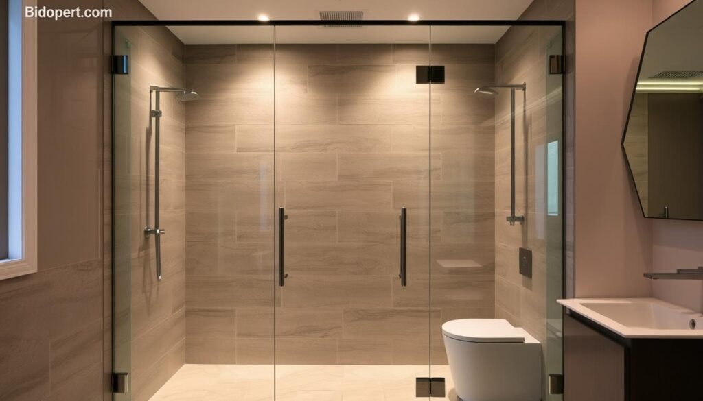 A custom-fitted glass shower enclosure, meticulously crafted to seamlessly integrate into a modern bathroom. The frameless panels, precisely measured and sculpted, create a sleek, minimalist aesthetic that effortlessly blends with the surrounding tiles and fixtures. Soft, diffused lighting emanates from concealed sources, casting a warm, inviting glow that accentuates the crystal-clear transparency of the glass. The entire ensemble exudes a sense of understated elegance, a bespoke solution that perfectly adapts to the unique dimensions and layout of the space. This tailor-made masterpiece epitomizes the perfect fusion of form and function, delivering a truly personalized shower experience.
