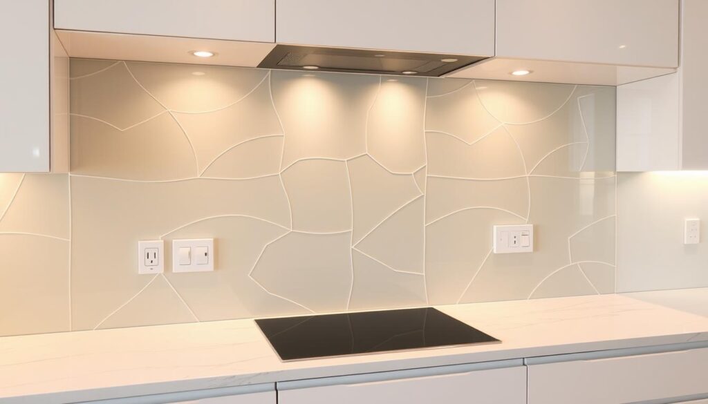 A custom-made glass backsplash for a modern kitchen, showcasing intricate precision-cut shapes and sizes to perfectly fit the available space. The glass surface reflects warm lighting, creating a sleek, streamlined aesthetic. The layout features clean lines, geometric patterns, and thoughtful cut-outs to accommodate power outlets, switches, and other fixtures. The glass material offers a durable, easy-to-clean surface that complements the surrounding cabinetry and countertops. The overall composition exudes a sense of tailored functionality and minimalist elegance, seamlessly blending form and function.