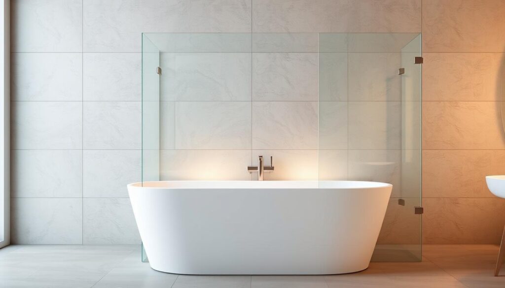 A custom-made, sleek and modern "badewannenaufsatz" or bathtub enclosure, designed to seamlessly integrate with a glass shower enclosure. Featuring clean lines, a minimalist aesthetic, and made of high-quality materials like tempered glass and brushed metal hardware. Positioned at an angle to allow for easy access, the enclosure is illuminated by soft, warm lighting that casts a gentle glow, creating a spa-like ambiance. The middle ground showcases the enclosure's versatility, with multiple configuration options to fit any bathroom layout. In the background, a neutral, tiled wall provides a simple, yet sophisticated backdrop, allowing the focal point - the custom "badewannenaufsatz" - to shine.