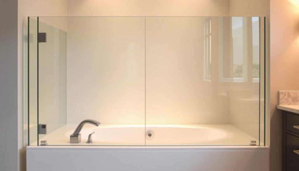 A customized glass bathtub surround, masterfully crafted with clean lines and seamless integration. Set against a softly illuminated backdrop, the surround features a striking frameless design, allowing the glass to take center stage. Precise measurements ensure a perfect fit, blending effortlessly with the contours of the bathtub. Diffused lighting casts a warm, inviting glow, highlighting the surround's sleek, modern aesthetic. The overall scene exudes a sense of luxury and attention to detail, perfectly complementing the relaxing ambiance of the bathroom setting.
